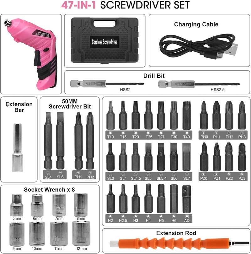 MQFORU Pink Cordless Electric Screwdriver Set, 3.7V Rechargeable Small Electric Drill with 47pcs Driver Bit Set, Power 3Nm Screw Gun with 2 Position Handle, Flexible Shaft LED Light for Women - Image 2